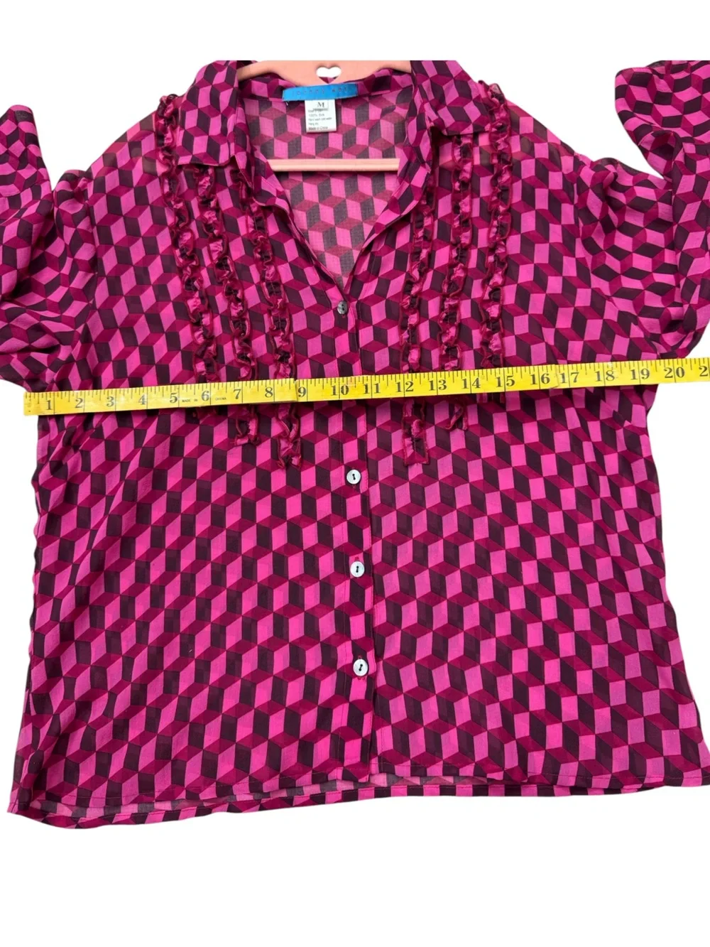 Johnny Was Pink Geometric Ruffle Button-Front Blouse - Picture 3 of 8